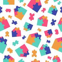 Puzzle city pattern. Buildings, architecture. Construction. Multi-colored pieces of the groove. Graphic vector. The background is seamless. vector