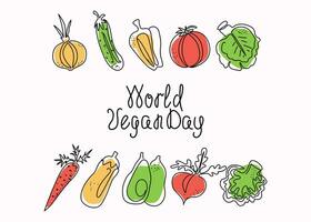 World Vegan Day. Set of line art vegetables and hand drawn Calligraphy lettering. Vector illustration. Isolated background.