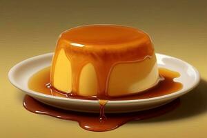 Custard pudding with caramel syrup. French Patisserie. AI generative photo