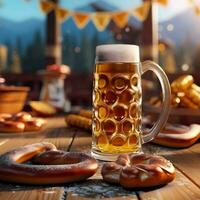 A table at Oktoberfest. Beer and salted pretzels on wooden background. AI generative photo