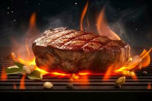 Beef steak spices and vegetables on the grill with flames. Gourmet food. Delicious food. AI generate photo