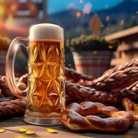 A table at Oktoberfest with beer and salted pretzels. AI generative photo