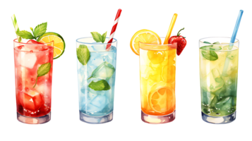 Watercolor summer drinks clipart set on transparent background ai generated png