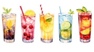 Watercolor summer drinks clipart set on transparent background ai generated png