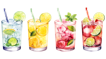 Watercolor summer drinks clipart set on transparent background ai generated png