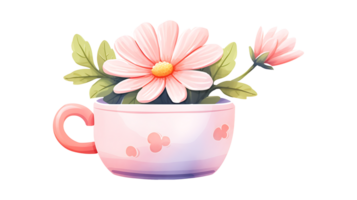 Watercolor cute cup with flower isolated on transparent background ai generated png