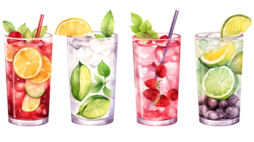 Watercolor summer drinks clipart set on transparent background ai generated png