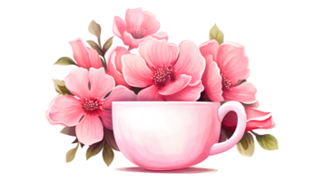 Watercolor cute cup with flower isolated on transparent background ai generated png