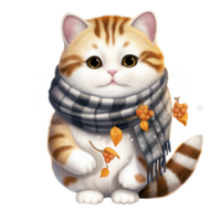 ai generatief schattig mollig kat herfst thema met sjaal. waterverf illustratie png
