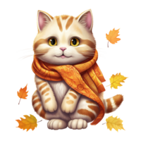 ai generatief schattig mollig kat herfst thema met sjaal. waterverf illustratie png