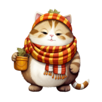 ai generativ söt knubbig katt höst tema med scarf. vattenfärg illustration png