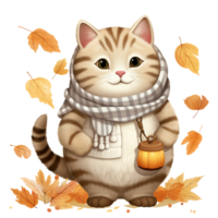 ai generativ söt knubbig katt höst tema med scarf. vattenfärg illustration png