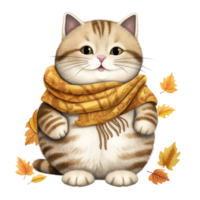 ai generativo fofa gordo gato outono tema com lenço. aguarela ilustração png