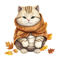 ai generatief schattig mollig kat herfst thema met sjaal. waterverf illustratie png