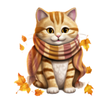 ai generativo fofa gordo gato outono tema com lenço. aguarela ilustração png