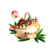 Composition for Christmas. Gifts, cupcake, cake,cookies,fir branches.Composition for Christmas. png
