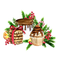 Composition for Christmas. Gifts, cupcake, cake,cookies,fir branches.Composition for Christmas. png