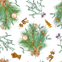 Christmas seamless pattern with branch of mistletoe, pine and wooden toy digital illustration. Christmas decorations, bells, ball hand drawn. Print for textile, wrapping, paper. png