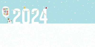 Snowscape with snowman say Happy New Year and decorated ice cubes 2024 flat design vector illustration have blankspace.