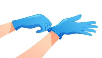 Hands putting glove. Wearing a glove for protect virus. vector