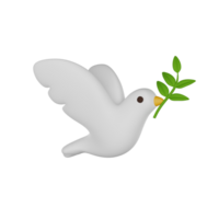 Peace dove with olive branch. A white pigeon with a branch in its beak. 3D render icon png