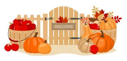 Autumn harvest set - pumpkin, apples, basket, fence with wicket. Farming scenes with pumpkins, fence and apples.  Illustrated vector element.