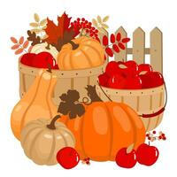 Pumpkins and apples harvest in wicker baskets set. Pumpkins of different characters, autumn leaves, red apples, fence. Illustrated vector clipart.