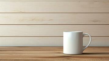 white mug on wooden table with wooden wall background AI Generative photo