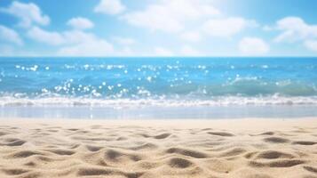 un arenoso playa con azul cielo y Oceano agua ai generativo foto