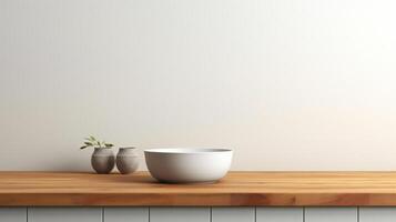 a bowl and vase sit on a wooden counter photo
