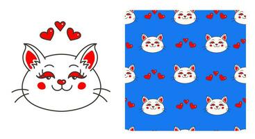 Cat with hearts print and seamless pattern vector