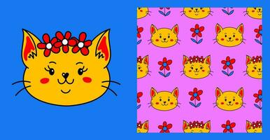 Cat flowers print and seamless pattern vector