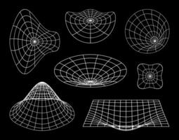 Set of white 3D wireframe shapes and perspective grids on black background. vector