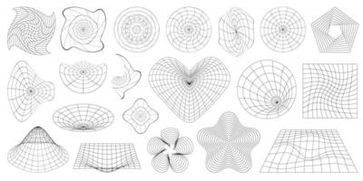 Collection of wireframe shapes, perspective grids and heart in Y2K retro futuristic style vector