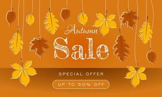 Autumn sale banner with hanging yellow and brown leaves on orange background. vector