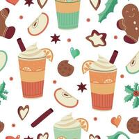 Seamless ornament with winter treats - gingerbread, warming drinks, spices. Hand drawn Christmas and New Year elements for designer wrapping paper. Vector