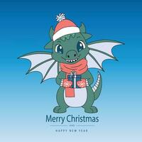 Christmas card with cute green dragon. Funny green dragon holding a gift. Merry Christmas and Happy New Year greeting card. Vector