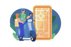 Customers ordering on the mobile application. The motorcyclist goes according to the GPS map vector