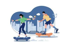 School Girl And Boy Skateboarding On The Street vector