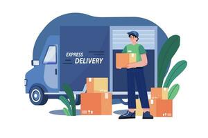 Delivery truck with man is carrying parcels on points vector