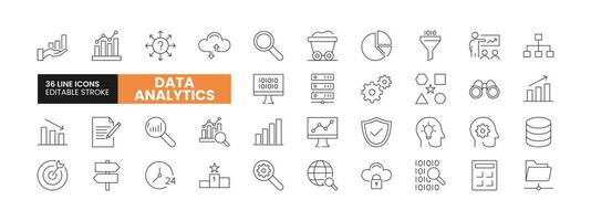 Set of 36 Data Analysis line icons set. Data Analysis outline icons with editable stroke collection. Includes Data Analytics, Analysis, Data Monitoring, Data Filtering, Data Mining, and More. vector