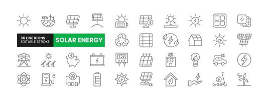 Set of 36 Solar Energy line icons set. Solar Energy outline icons with editable stroke collection. Includes Solar Panels, Battery, Turbine, Electric Car, Solar Home and More. vector