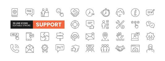 Set of 36 Support or Customer Care line icons set. Support or Customer Care outline icons with editable stroke collection. Includes Feedback, Review, Star Rating, Quality, Assitance and More. vector