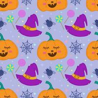 Vector seamless pattern for Halloween.Icons of pumpkins, spider, cobwebs, sweets, hats.Design elements for a Halloween party poster.Background for book covers, wallpapers,design,graphics, invitations.
