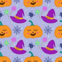 Vector seamless pattern for Halloween.Icons of pumpkins, spider, cobwebs, sweets, hats.Design elements for a Halloween party poster.Background for book covers, wallpapers,design,graphics, invitations.