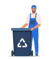 Garbage man in uniform with black trash bin and recycling symbol on it. Garbage sorting. Zero waste, environment protection concept. Vector illustration.