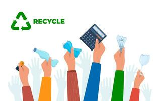 Raised hands with various trash. Garbage sorting. Zero waste, environment protection concept. Vector illustration.