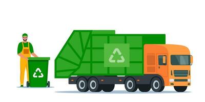 Garbage truck and sanitation worker. Garbage man in uniform with trash bin and recycling symbol on it. Garbage sorting. Zero waste, environment protection concept. Vector illustration.