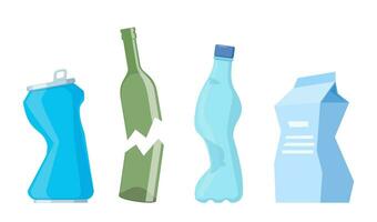 Paper, plastic, aluminium and glass items for recycling. Crushed bottle, can and paper bag. Garbage recycle concept. Vector illustration.