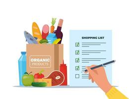 Grocery list for shopping in the store. Shopping list with marks. Paper bag full of food, fruit, products, grocery goods. Buying food in supermarket. Vector illustration.